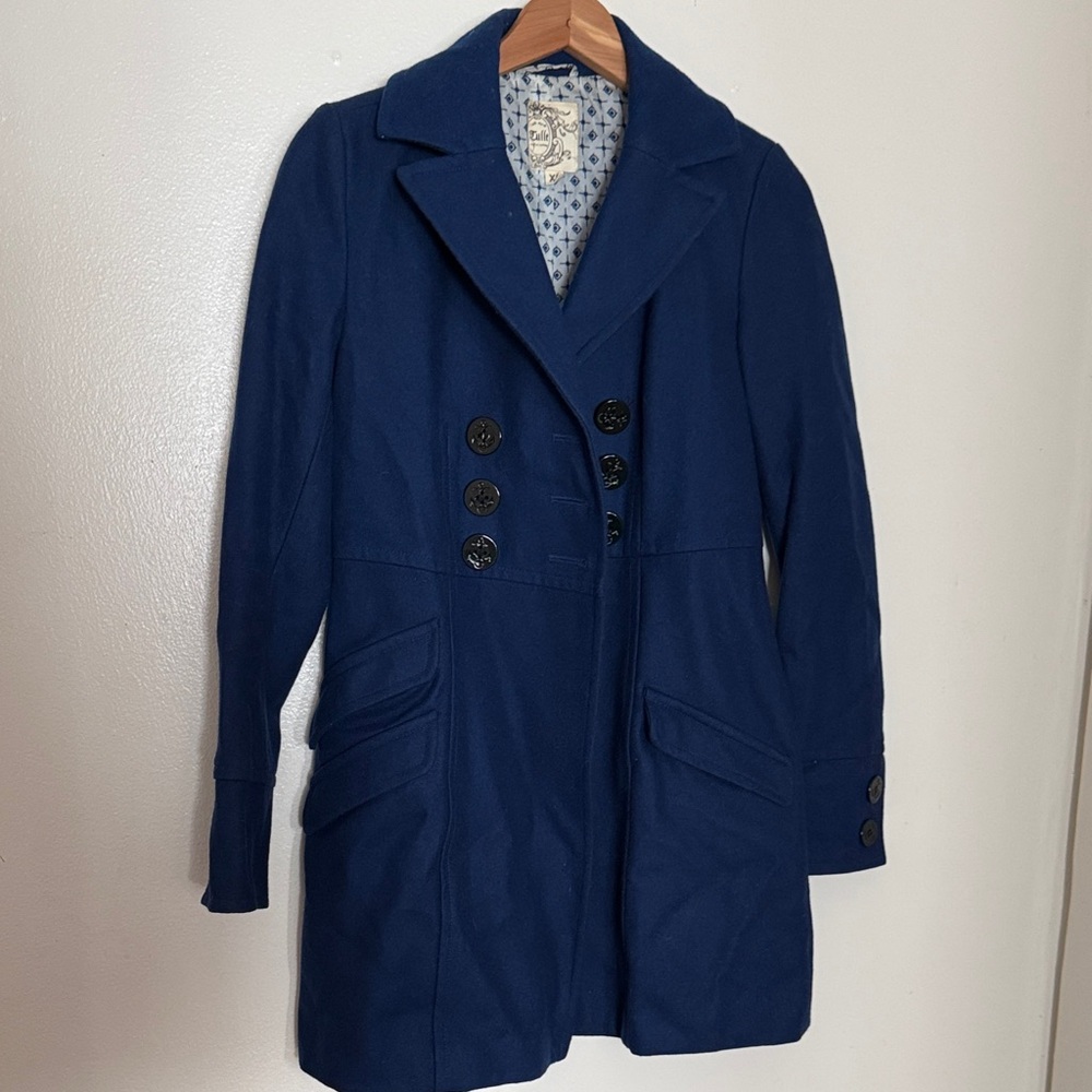 Anthropologie Tulle Dark Blue Pea Coat with Button Accent